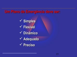 15
 SimplesSimples
 FlexívelFlexível
 DinâmicoDinâmico
 AdequadoAdequado
 PrecisoPreciso
Um Plano de Emergência deve ser:Um Plano de Emergência deve ser:
 