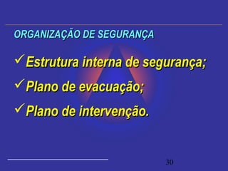 30
Estrutura interna de segurança;Estrutura interna de segurança;
Plano de evacuação;Plano de evacuação;
Plano de intervenção.Plano de intervenção.
ORGANIZAÇÃO DE SEGURANÇAORGANIZAÇÃO DE SEGURANÇA
 