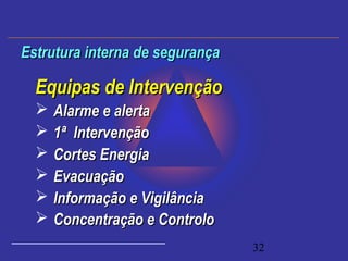 32
Equipas de IntervençãoEquipas de Intervenção
 Alarme e alertaAlarme e alerta
 1ª Intervenção1ª Intervenção
 Cortes EnergiaCortes Energia
 EvacuaçãoEvacuação
 Informação e VigilânciaInformação e Vigilância
 Concentração e ControloConcentração e Controlo
Estrutura interna de segurançaEstrutura interna de segurança
 