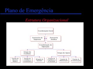 Plano de EmergênciaPlano de Emergência
Estrutura Organizacional
Coordenação Geral
Assessoria de
Imprensa
Assessoria
Jurídica
Coordenação de
Operação
Grupo de
Combate
Equipe de
Socorro
Médico
Equipe de
Combate a
Vazamentos
Brigade de
Incêndio
Grupo de Apoio
Equipe de
Vigilância e
Evacuação
Equipe de
Manutenção
Equipe de
Comunicação
 