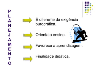 É diferente da exigência burocrática. Orienta o ensino. Favorece a aprendizagem. Finalidade didática. P L A N E J A M E N T O 
