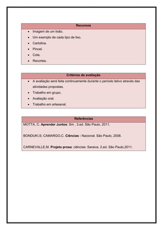 Recursos
     Imagem de um lixão.
     Um exemplo de cada tipo de lixo.
     Cartolina.
     Pincel.
     Cola.
     Recortes.



                              Critérios de avaliação
     A avaliação será feita continuamente durante o período letivo através das
      atividades propostas.
     Trabalho em grupo.
     Avaliação oral.
     Trabalho em artesanal.



                                   Referências
MOTTA, C. Aprender Juntos: Sm . 3.ed. São Paulo, 2011.


BONDUKI,S; CAMARGO,C. Ciências : Nacional. São Paulo, 2008.


CARNEVALLE,M. Projeto prosa: ciências: Saraiva. 2.ed. São Paulo.2011.
 
