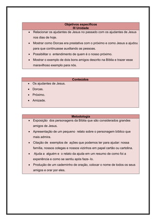 Objetivos específicos
                               III Unidade
   Relacionar os ajudantes de Jesus no passado com os ajudantes de Jesus
    nos dias de hoje.
   Mostrar como Dorcas era prestativa com o próximo e como Jesus a ajudou
    para que continuasse auxiliando as pessoas.
   Possibilitar o entendimento de quem é o nosso próximo.
   Mostrar o exemplo de dois bons amigos descrito na Bíblia e trazer esse
    maravilhoso exemplo para nós.



                               Conteúdos
   Os ajudantes de Jesus.
   Dorcas.
   Próximo.
   Amizade.




                            Metodologia
   Exposição dos personagens da Bíblia que são considerados grandes
    amigos de Jesus.
   Apresentação de um pequeno relato sobre o personagem bíblico que
    mais admira.
   Citação de exemplos de ações que podemos ter para ajudar: nossa
    família, nossos colegas e nossos vizinhos em papel cartão ou cartolina.
   Ajuda a alguém e o relato da ajuda em um resumo de como foi a
    experiência e como se sentiu após faze- lo.
   Produção de um caderninho de oração, colocar o nome de todos os seus
    amigos e orar por eles.
 