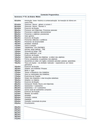 Conteúdo Programático
Serie/ano: 1º TA do Ensino Médio
03/Julho Introdução: breve histórico e contextualização da inserção do idioma em
nosso País.
03/Julho Grammar / Nouns : gênero e numero I
04/Julho Grammar / Nouns : Numero II
04/Julho Exercício de fixação
06/julho Pronouns and Adjectives: Pronomes pessoais
06/julho Pronomes e adjetivos demonstrativos
08/julho Pronomes e adjetivos possessivos
08/julho Caso genitivo
08/julho Exercício de fixação
10/julho Pronomes reflexivos e enfáticos
10/julho Pronomes de reciprocidade
10/julho Atividade individual
11/julho Visto e correção
11/julho Trabalhando com ON/ONES
11/julho Articles: artigo definido : THE
13/julho Omissão do artigo: THE
13/julho Artigo indefinidos: a /an
13/julho Exercício de fixação
14/julho Adjectives: posição dos Adjetivos e ordem dos adjetivos
14/julho Forma comparativa e superlativa dos adjetivos
15/julho Assistindo um vídeo em inglês e tentando perceber palavras aprendidas.
15/julho Troca em duplas – da atividade realizada – separando-as por classe
gramatical
15/julho Exercício de fixação
16/julho Adverbs and Adverbial Phrases
16/julho Modo e lugar
17/julho Tempo e frequência dos Advérbios
17/julho Grau ou intensidade dos Advérbios
17/julho Exercícios de Fixação
18/julho Ordem dos Adverbios e das locuções adverbiais
18/julho Adverbio ou Adjetivo.
18/julho Exercício de fixação
20/julho Compound Words: Nouns and Adjectives
20/julho Substantivo + substantivo
20/julho Substantivo + of + substantivo
21/julho Outros tipos de substantivo composto
21/julho Exercício de Fixação
21/julho Revisão da matéria
22/julho Atividade
22/julho Correção coletiva
23/julho Avaliação
23/julho Correção comentada da prova
23/julho Encerramento
24/julho
25/julho
27/julho
28/julho
29/julho
30/julho
31/julho
 