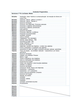 Conteúdo Programático
Serie/ano: 1º TA do Ensino Médio
03/Julho Introdução: breve histórico e contextualização da inserção do idioma em
nosso País.
03/Julho Grammar / Nouns : gênero e numero I
04/Julho Grammar / Nouns : Numero II
04/Julho Exercício de fixação
06/julho Pronouns and Adjectives: Pronomes pessoais
06/julho Pronomes e adjetivos demonstrativos
08/julho Pronomes e adjetivos possessivos
08/julho Caso genitivo
08/julho Exercício de fixação
10/julho Pronomes reflexivos e enfáticos
10/julho Pronomes de reciprocidade
10/julho Atividade individual
11/julho Visto e correção
11/julho Trabalhando com ON/ONES
11/julho Articles: artigo definido : THE
13/julho Omissão do artigo: THE
13/julho Artigo indefinidos: a /an
13/julho Exercício de fixação
14/julho Adjectives: posição dos Adjetivos e ordem dos adjetivos
14/julho Forma comparativa e superlativa dos adjetivos
15/julho Assistindo um vídeo em inglês e tentando perceber palavras aprendidas.
15/julho Troca em duplas – da atividade realizada – separando-as por classe
gramatical
15/julho Exercício de fixação
16/julho Adverbs and Adverbial Phrases
16/julho Modo e lugar
17/julho Tempo e frequência dos Advérbios
17/julho Grau ou intensidade dos Advérbios
17/julho Exercícios de Fixação
18/julho Ordem dos Adverbios e das locuções adverbiais
18/julho Adverbio ou Adjetivo.
18/julho Exercício de fixação
20/julho Compound Words: Nouns and Adjectives
20/julho Substantivo + substantivo
20/julho Substantivo + of + substantivo
21/julho Outros tipos de substantivo composto
21/julho Exercício de Fixação
21/julho Revisão da matéria
22/julho Atividade
22/julho Correção coletiva
23/julho Avaliação
23/julho Correção comentada da prova
23/julho Encerramento
24/julho
25/julho
27/julho
28/julho
29/julho
30/julho
31/julho
 