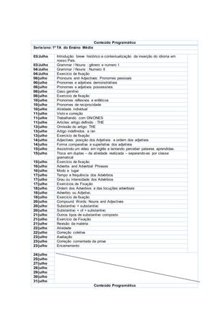 Conteúdo Programático
Serie/ano: 1º TA do Ensino Médio
03/Julho Introdução: breve histórico e contextualização da inserção do idioma em
nosso País.
03/Julho Grammar / Nouns : gênero e numero I
04/Julho Grammar / Nouns : Numero II
04/Julho Exercício de fixação
06/julho Pronouns and Adjectives: Pronomes pessoais
06/julho Pronomes e adjetivos demonstrativos
08/julho Pronomes e adjetivos possessivos
08/julho Caso genitivo
08/julho Exercício de fixação
10/julho Pronomes reflexivos e enfáticos
10/julho Pronomes de reciprocidade
10/julho Atividade individual
11/julho Visto e correção
11/julho Trabalhando com ON/ONES
11/julho Articles: artigo definido : THE
13/julho Omissão do artigo: THE
13/julho Artigo indefinidos: a /an
13/julho Exercício de fixação
14/julho Adjectives: posição dos Adjetivos e ordem dos adjetivos
14/julho Forma comparativa e superlativa dos adjetivos
15/julho Assistindo um vídeo em inglês e tentando perceber palavras aprendidas.
15/julho Troca em duplas – da atividade realizada – separando-as por classe
gramatical
15/julho Exercício de fixação
16/julho Adverbs and Adverbial Phrases
16/julho Modo e lugar
17/julho Tempo e frequência dos Advérbios
17/julho Grau ou intensidade dos Advérbios
17/julho Exercícios de Fixação
18/julho Ordem dos Adverbios e das locuções adverbiais
18/julho Adverbio ou Adjetivo.
18/julho Exercício de fixação
20/julho Compound Words: Nouns and Adjectives
20/julho Substantivo + substantivo
20/julho Substantivo + of + substantivo
21/julho Outros tipos de substantivo composto
21/julho Exercício de Fixação
21/julho Revisão da matéria
22/julho Atividade
22/julho Correção coletiva
23/julho Avaliação
23/julho Correção comentada da prova
23/julho Encerramento
24/julho
25/julho
27/julho
28/julho
29/julho
30/julho
31/julho
Conteúdo Programático
 