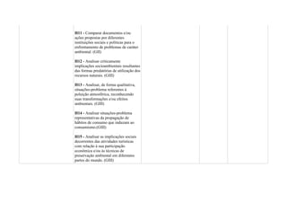H11 - Comparar documentos e/ou
ações propostas por diferentes
instituições sociais e políticas para o
enfrentamento de problemas de caráter
ambiental. (GII)
H12 - Analisar criticamente
implicações socioambientais resultantes
das formas predatórias de utilização dos
recursos naturais. (GIII)
H13 - Analisar, de forma qualitativa,
situações-problema referentes à
poluição atmosférica, reconhecendo
suas transformações e/ou efeitos
ambientais. (GIII)
H14 - Analisar situações-problema
representativas da propagação de
hábitos de consumo que induzam ao
consumismo.(GIII)
H15 - Analisar as implicações sociais
decorrentes das atividades turísticas
com relação à sua participação
econômica e/ou às técnicas de
preservação ambiental em diferentes
partes do mundo. (GIII)

 
