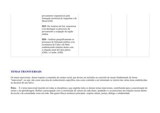 povoamento responsáveis pela
formação territorial da Argentina e do
Brasil.(GII)
H25 -Na América do Sul, caracteriza
e/ou distinguir os processos de
povoamento e ocupação da região
andina
H26 - Analisar geograficamente os
processos de formação política e/ou
econômica de Cuba e do Haiti
estabelecendo relações destes com
a situação atual dos dois países.
(GIII) o Caribe. (GIII)

TEMAS TRANSVERSAIS
Os temas transversais dizem respeito a conteúdos de caráter social, que devem ser incluídos no currículo do ensino fundamental, de forma
“transversal”, ou seja: não como uma área de conhecimento específica, mas como conteúdo a ser ministrado no interior das várias áreas estabelecidas.
no decorrer do ano letivo .
Ética - É o tema transversal inserido em todas as disciplinas e que engloba todos os demais temas transversais, contribuindo para a concretização do
ensino e da aprendizagem. Reflete a preocupação com a constituição de valores de cada aluno, ajudando-o a se posicionar nas relações sociais dentro
da escola e da comunidade como um todo. São quatro blocos temáticos principais: respeito mútuo, justiça, diálogo e solidariedade.

 