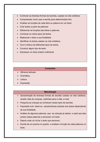    Conhecer as diversas formas de escritas, usadas na vida cotidiana.
   Compreender como usar a escrita para determinados fins.
   Analisar as funções de cada letra ou palavra em um texto.
   Criar textos a partir de palavras.
   Diferenciar as funções das letras e palavras.
   Conhecer os vários tipos de textos.
   Relacionar o texto a sua finalidade.
   Identificar os textos usados na vida cotidiana.
   Ouvir a leitura de diferentes tipos de textos.
   Construir algum tipo de texto.
   Expressar um texto próprio oralmente.




                                 Conteúdos
   Gêneros textuais.
   Gramática.
   Leitura.
   Expressão



                                Metodologia
   Apresentação de diversas formas de escritas usadas na vida cotidiana,
    receita, lista de compras, cartinhas para a mãe, e-mail.
   Pergunta as crianças se conhecem esses tipos de escritas.
   Exposição oral sobre as características próprias dos textos dependendo
    da sua finalidade.
   Análise de algumas palavras, que as crianças já sabem, e pedi que elas
    juntem essas palavras e escrevam um texto.
   Depois cada um irá ler o texto que escreveu.
   Escrita de um poema no quadro, e analisar a função de cada palavras no
    texto.
 