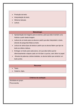    Produção de texto.
      Interpretação de texto.
      Gêneros textuais.
      Leitura.




                                    Metodologia
      Apresentação de imagens para os alunos, para que eles inventem uma
       história a partir desta imagem.
      Leitura de um texto para os alunos e pedir que eles interpretem o texto,
       através de perguntas feitas ao texto.
      Leitura de vários tipos de textos e pedir que os alunos falem que tipo de
       texto se refere a leitura.
      Entregar um texto para cada aluno, em que eles terão que ler
       silenciosamente e depois cada um irá dizer o que leu, sem olhar no papel.
      Através de palavras e letras isoladas, os alunos terão que construir um
       texto juntos.



                                     Recursos
      Texto.
      Caderno, lápis.



                               Critérios de avaliação
Atividade em grupo.
Prova escrita.
 