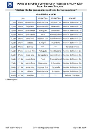 Prof. Ricardo Torques www.estrategiaconcursos.com.br Página 11 de 16
PLANO DE ESTUDOS E COMO ESTUDAR PROCESSO CIVIL P/ TJSP
PROF. RICARDO TORQUES
“Sonhos não ter pernas, mas você tem! Corra atrás deles!”
Ciclo II (17/4 a 30/4)
DIA 1ª MATÉRIA 2ª MATÉRIA REVISÃO
17/abr 1º dia segunda-feira Constitucional Processo Civil Revisão de Final de Dia
18/abr 2º dia terça-feira Administrativo Matemática Revisão de Final de Dia
19/abr 3º dia quarta-feira Português Informática Revisão de Final de Dia
20/abr 4º dia quinta-feira Penal Processo Penal Revisão de Final de Dia
21/abr 5º dia sexta-feira Processo Civil Administrativo Revisão de Final de Dia
22/abr 6º dia sábado R. Lógico Atualidades Revisão de Final de Dia
23/abr 7º dia domingo *** *** Revisão Semanal
24/abr 8º dia segunda-feira Português Constitucional Revisão de Final de Dia
25/abr 9º dia terça-feira Corregedoria Administrativo Revisão de Final de Dia
26/abr 10º dia quarta-feira Penal Processo Penal Revisão de Final de Dia
27/abr 11º dia quinta-feira Matemática Informática Revisão de Final de Dia
28/abr 12º dia sexta-feira Processo Civil Português Revisão de Final de Dia
29/abr 13º dia sábado Constitucional R. Lógico Revisão de Final de Dia
30/abr 14º dia domingo *** *** Revisão Quinzenal
Observações:
 