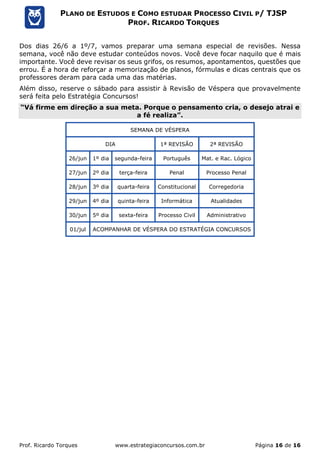 Prof. Ricardo Torques www.estrategiaconcursos.com.br Página 16 de 16
PLANO DE ESTUDOS E COMO ESTUDAR PROCESSO CIVIL P/ TJSP
PROF. RICARDO TORQUES
Dos dias 26/6 a 1º/7, vamos preparar uma semana especial de revisões. Nessa
semana, você não deve estudar conteúdos novos. Você deve focar naquilo que é mais
importante. Você deve revisar os seus grifos, os resumos, apontamentos, questões que
errou. É a hora de reforçar a memorização de planos, fórmulas e dicas centrais que os
professores deram para cada uma das matérias.
Além disso, reserve o sábado para assistir à Revisão de Véspera que provavelmente
será feita pelo Estratégia Concursos!
“Vá firme em direção a sua meta. Porque o pensamento cria, o desejo atrai e
a fé realiza”.
SEMANA DE VÉSPERA
DIA 1ª REVISÃO 2ª REVISÃO
26/jun 1º dia segunda-feira Português Mat. e Rac. Lógico
27/jun 2º dia terça-feira Penal Processo Penal
28/jun 3º dia quarta-feira Constitucional Corregedoria
29/jun 4º dia quinta-feira Informática Atualidades
30/jun 5º dia sexta-feira Processo Civil Administrativo
01/jul ACOMPANHAR DE VÉSPERA DO ESTRATÉGIA CONCURSOS
 