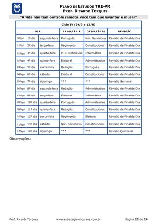 Prof. Ricardo Torques www.estrategiaconcursos.com.br Página 22 de 24
PLANO DE ESTUDOS TRE-PR
PROF. RICARDO TORQUES
“A vida não tem controle remoto, você tem que levantar e mudar”
Ciclo IV (30/7 a 12/8)
DIA 1ª MATÉRIA 2ª MATÉRIA REVISÃO
30/jul 1º dia segunda-feira Português Nor. Servidores Revisão de Final de Dia
31/jul 2º dia terça-feira Regimento Constitucional Revisão de Final de Dia
01/ago 3º dia quarta-feira P. C. Deficiência Informática Revisão de Final de Dia
02/ago 4º dia quinta-feira Eleitoral Administrativo Revisão de Final de Dia
03/ago 5º dia sexta-feira Redação Português Revisão de Final de Dia
04/ago 6º dia sábado Eleitoral Constitucional Revisão de Final de Dia
05/ago 7º dia domingo *** *** Revisão Semanal
06/ago 8º dia segunda-feira Redação Administrativo Revisão de Final de Dia
07/ago 9º dia terça-feira Eleitoral Informática Revisão de Final de Dia
08/ago 10º dia quarta-feira Português Administrativo Revisão de Final de Dia
09/ago 11º dia quinta-feira Redação Constitucional Revisão de Final de Dia
10/ago 12º dia sexta-feira Regimento Eleitoral Revisão de Final de Dia
11/ago 13º dia sábado Nor. Servidores Constitucional Revisão de Final de Dia
12/ago 14º dia domingo *** *** Revisão Quinzenal
Observações:
 