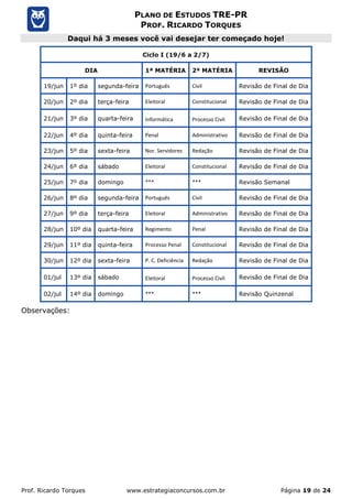Prof. Ricardo Torques www.estrategiaconcursos.com.br Página 19 de 24
PLANO DE ESTUDOS TRE-PR
PROF. RICARDO TORQUES
Daqui há 3 meses você vai desejar ter começado hoje!
Ciclo I (19/6 a 2/7)
DIA 1ª MATÉRIA 2ª MATÉRIA REVISÃO
19/jun 1º dia segunda-feira Português Civil Revisão de Final de Dia
20/jun 2º dia terça-feira Eleitoral Constitucional Revisão de Final de Dia
21/jun 3º dia quarta-feira Informática Processo Civil Revisão de Final de Dia
22/jun 4º dia quinta-feira Penal Administrativo Revisão de Final de Dia
23/jun 5º dia sexta-feira Nor. Servidores Redação Revisão de Final de Dia
24/jun 6º dia sábado Eleitoral Constitucional Revisão de Final de Dia
25/jun 7º dia domingo *** *** Revisão Semanal
26/jun 8º dia segunda-feira Português Civil Revisão de Final de Dia
27/jun 9º dia terça-feira Eleitoral Administrativo Revisão de Final de Dia
28/jun 10º dia quarta-feira Regimento Penal Revisão de Final de Dia
29/jun 11º dia quinta-feira Processo Penal Constitucional Revisão de Final de Dia
30/jun 12º dia sexta-feira P. C. Deficiência Redação Revisão de Final de Dia
01/jul 13º dia sábado Eleitoral Processo Civil Revisão de Final de Dia
02/jul 14º dia domingo *** *** Revisão Quinzenal
Observações:
 