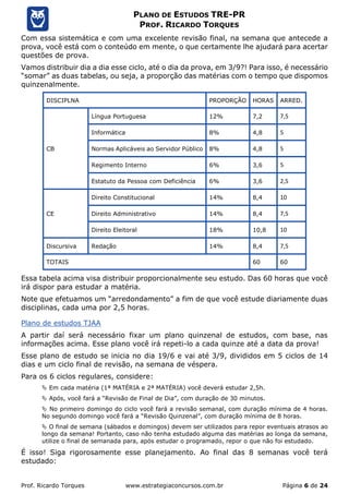 Prof. Ricardo Torques www.estrategiaconcursos.com.br Página 6 de 24
PLANO DE ESTUDOS TRE-PR
PROF. RICARDO TORQUES
Com essa sistemática e com uma excelente revisão final, na semana que antecede a
prova, você está com o conteúdo em mente, o que certamente lhe ajudará para acertar
questões de prova.
Vamos distribuir dia a dia esse ciclo, até o dia da prova, em 3/9?! Para isso, é necessário
“somar” as duas tabelas, ou seja, a proporção das matérias com o tempo que dispomos
quinzenalmente.
DISCIPLNA PROPORÇÃO HORAS ARRED.
CB
Língua Portuguesa 12% 7,2 7,5
Informática 8% 4,8 5
Normas Aplicáveis ao Servidor Público 8% 4,8 5
Regimento Interno 6% 3,6 5
Estatuto da Pessoa com Deficiência 6% 3,6 2,5
CE
Direito Constitucional 14% 8,4 10
Direito Administrativo 14% 8,4 7,5
Direito Eleitoral 18% 10,8 10
Discursiva Redação 14% 8,4 7,5
TOTAIS 60 60
Essa tabela acima visa distribuir proporcionalmente seu estudo. Das 60 horas que você
irá dispor para estudar a matéria.
Note que efetuamos um “arredondamento” a fim de que você estude diariamente duas
disciplinas, cada uma por 2,5 horas.
Plano de estudos TJAA
A partir daí será necessário fixar um plano quinzenal de estudos, com base, nas
informações acima. Esse plano você irá repeti-lo a cada quinze até a data da prova!
Esse plano de estudo se inicia no dia 19/6 e vai até 3/9, divididos em 5 ciclos de 14
dias e um ciclo final de revisão, na semana de véspera.
Para os 6 ciclos regulares, considere:
 Em cada matéria (1ª MATÉRIA e 2ª MATÉRIA) você deverá estudar 2,5h.
 Após, você fará a “Revisão de Final de Dia”, com duração de 30 minutos.
 No primeiro domingo do ciclo você fará a revisão semanal, com duração mínima de 4 horas.
No segundo domingo você fará a “Revisão Quinzenal”, com duração mínima de 8 horas.
 O final de semana (sábados e domingos) devem ser utilizados para repor eventuais atrasos ao
longo da semana! Portanto, caso não tenha estudado alguma das matérias ao longa da semana,
utilize o final de semanada para, após estudar o programado, repor o que não foi estudado.
É isso! Siga rigorosamente esse planejamento. Ao final das 8 semanas você terá
estudado:
 