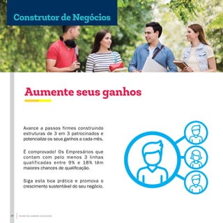 Aumente seus ganhos
Avance a passos firmes construindo
estruturas de 3 em 3 patrocinados e
potencialize os seus ganhos a cada mês.
É comprovado! Os Empresários que
contam com pelo menos 3 linhas
qualificadas entre 9% e 18% têm
maiores chances de qualificação.
Siga esta boa prática e promova o
crescimento sustentável do seu negócio.
Construtor de Negócios
10 PLANO DE GANHOS 2019-2020
 