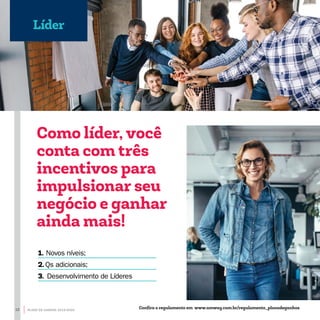 Como líder, você
conta com três
incentivos para
impulsionar seu
negócio e ganhar
ainda mais!
1. Novos níveis;
2. Qs adicionais;
3. Desenvolvimento de Líderes
Líder
Confira o regulamento em www.amway.com.br/regulamento_planodeganhos12 PLANO DE GANHOS 2019-2020
 