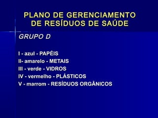 PLANO DE GERENCIAMENTOPLANO DE GERENCIAMENTO
DE RESÍDUOS DE SAÚDEDE RESÍDUOS DE SAÚDE
GRUPO DGRUPO D
I - azul - PAPÉISI - azul - PAPÉIS
II- amarelo - METAISII- amarelo - METAIS
III - verde - VIDROSIII - verde - VIDROS
IV - vermelho - PLÁSTICOSIV - vermelho - PLÁSTICOS
V - marrom - RESÍDUOS ORGÂNICOSV - marrom - RESÍDUOS ORGÂNICOS
  
 