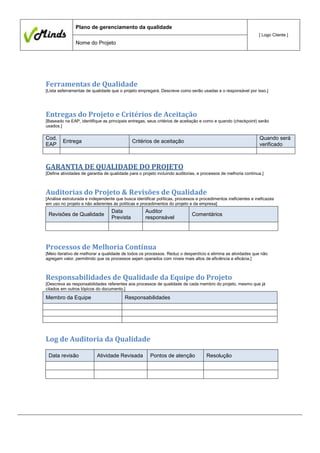 Plano de gerenciamento da qualidade
[ Logo Cliente ]

Nome do Projeto

Ferramentas de Qualidade
[Lista asferramentas de qualidade que o projeto empregará. Descreve como serão usadas e o responsável por isso.]

Entregas do Projeto e Critérios de Aceitação
[Baseado na EAP, identifique as principais entregas, seus critérios de aceitação e como e quando (checkpoint) serão
usados.]

Cod.
EAP

Entrega

Quando será
verificado

Critérios de aceitação

GARANTIA DE QUALIDADE DO PROJETO
[Define atividades de garantia de qualidade para o projeto incluindo auditorias, e processos de melhoria contínua.]

Auditorias do Projeto & Revisões de Qualidade
[Análise estruturada e independente que busca identificar políticas, processos e procedimentos ineficientes e ineficazes
em uso no projeto e não aderentes às políticas e procedimentos do projeto e da empresa]

Revisões de Qualidade

Data
Prevista

Auditor
responsável

Comentários

Processos de Melhoria Contínua
[Meio iterativo de melhorar a qualidade de todos os processos. Reduz o desperdício e elimina as atividades que não
agregam valor, permitindo que os processos sejam operados com níveis mais altos de eficiência e eficácia.]

Responsabilidades de Qualidade da Equipe do Projeto
[Descreva as responsabilidades referentes aos processos de qualidade de cada membro do projeto, mesmo que já
citados em outros tópicos do documento.]

Membro da Equipe

Responsabilidades

Log de Auditoria da Qualidade
Data revisão

Atividade Revisada

Pontos de atenção

Resolução

 