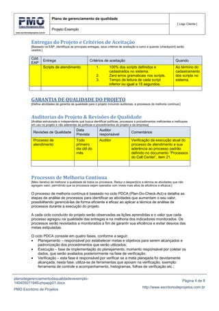 www.escritoriodeprojetos.com.br
Plano de gerenciamento da qualidade
[ Logo Cliente ]
Projeto Exemplo
planodegerenciamentodaqualidadevexemplo-
140405071946-phpapp01.docx
PMO Escritório de Projetos
Página 4 de 8
http://www.escritoriodeprojetos.com.br
Entregas do Projeto e Critérios de Aceitação
[Baseado na EAP, identifique as principais entregas, seus critérios de aceitação e como e quando (checkpoint) serão
usados.]
Cód.
EAP
Entrega Critérios de aceitação Quando
Scripts de atendimento 1. 100% dos scripts definidos e
cadastrados no sistema.
2. Zero erros gramaticais nos scripts.
3. Tempo de leitura de cada script
inferior ou igual a 15 segundos.
Ao término do
cadastramento
dos scripts no
sistema.
GARANTIA DE QUALIDADE DO PROJETO
[Define atividades de garantia de qualidade para o projeto incluindo auditorias, e processos de melhoria contínua.]
Auditorias do Projeto & Revisões de Qualidade
[Análise estruturada e independente que busca identificar políticas, processos e procedimentos ineficientes e ineficazes
em uso no projeto e não aderentes às políticas e procedimentos do projeto e da empresa]
Revisões de Qualidade
Data
Prevista
Auditor
responsável
Comentários
Processo de
atendimento
Todo
primeiro
dia útil do
mês
Auditor Verificação da execução atual do
processo de atendimento e sua
aderência ao processo padrão
definido no documento “Processos
do Call Center”, item 21.
Processos de Melhoria Contínua
[Meio iterativo de melhorar a qualidade de todos os processos. Reduz o desperdício e elimina as atividades que não
agregam valor, permitindo que os processos sejam operados com níveis mais altos de eficiência e eficácia.]
O processo de melhoria contínua é baseado no ciclo PDCA (Plan-Do-Check-Act) e detalha as
etapas de análise de processos para identificar as atividades que aumentam o seu valor,
possibilitando gerenciá-las de forma eficiente e eficaz ao aplicar a técnica de análise de
processos durante a execução do projeto.
A cada ciclo concluído do projeto serão observadas as lições aprendidas e o valor que cada
processo agregou na qualidade das entregas e na melhoria dos indicadores monitorados. Os
processos serão revisitados e monitorados a fim de garantir sua eficiência e evitar desvios das
metas estipuladas.
O ciclo PDCA consiste em quatro fases, conforme a seguir:
Planejamento – responsável por estabelecer metas e objetivos para serem alcançados e
padronização dos procedimentos que serão utilizados;
Execução – fase de implementação do planejamento, momento responsável por coletar os
dados, que serão avaliados posteriormente na fase de verificação;
Verificação – esta fase é responsável por verificar se a meta planejada foi devidamente
alcançada, nesta fase, utiliza-se de ferramentas que apoiam na verificação, exemplo:
ferramenta de controle e acompanhamento, histogramas, folhas de verificação etc.;
 