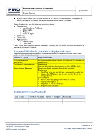 www.escritoriodeprojetos.com.br
Plano de gerenciamento da qualidade
[ Logo Cliente ]
Projeto Exemplo
planodegerenciamentodaqualidadevexemplo-
140405071946-phpapp01.docx
PMO Escritório de Projetos
Página 5 de 8
http://www.escritoriodeprojetos.com.br
Ação corretiva – fase que consiste em buscar as causas e prevenir efeitos indesejados e
adotar padrões de processos que apoiaram as próximas etapas do projeto.
Essas fases podem ser divididas nos seguintes passos:
Planejamento
o Identificação do Problema;
o Observação;
o Análise;
o Plano de Ação;
Execução;
Verificação;
Ação corretiva
o Padronização;
o Conclusão.
Desta forma, além de promovermos a melhoria contínua dos processos, também buscaremos a
satisfação gradativa do cliente.
Responsabilidades de Qualidade da Equipe do Projeto
[Descreva as responsabilidades referentes aos processos de qualidade de cada membro do projeto, mesmo que já
citados em outros tópicos do documento.]
Membro da Equipe Responsabilidades
Supervisor geral de
atendimento
Acompanhamento das auditorias de qualidade no processo de
atendimento.
Coordenador de atendentes Diariamente
Executar as medições dos indicadores IQ01, IQ02 e IQ03.
Supervisor de Qualidade Responsável pelo processo de melhoria contínua.
Diariamente
Identificar junto aos atendentes e ao seu coordenador as
causas das 10 ligações que tiveram o maior desvio em
relação à meta.
Semanalmente
Propor plano de ação para resolver as causas;
Acompanhar o plano e
Implantar as ações corretivas;
Reportar os resultados.
Log de Auditoria da Qualidade
Data revisão Atividade Revisada Pontos de atenção Resolução
 