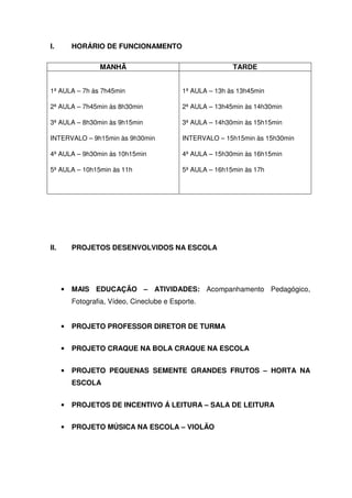 I.

HORÁRIO DE FUNCIONAMENTO
MANHÃ

TARDE

1ª AULA – 7h às 7h45min

1ª AULA – 13h às 13h45min

2ª AULA – 7h45min às 8h30min

2ª AULA – 13h45min às 14h30min

3ª AULA – 8h30min às 9h15min

3ª AULA – 14h30min às 15h15min

INTERVALO – 9h15min às 9h30min

INTERVALO – 15h15min às 15h30min

4ª AULA – 9h30min às 10h15min

4ª AULA – 15h30min às 16h15min

5ª AULA – 10h15min às 11h

5ª AULA – 16h15min às 17h

II.

PROJETOS DESENVOLVIDOS NA ESCOLA

•

MAIS EDUCAÇÃO – ATIVIDADES: Acompanhamento Pedagógico,
Fotografia, Vídeo, Cineclube e Esporte.

•

PROJETO PROFESSOR DIRETOR DE TURMA

•

PROJETO CRAQUE NA BOLA CRAQUE NA ESCOLA

•

PROJETO PEQUENAS SEMENTE GRANDES FRUTOS – HORTA NA
ESCOLA

•

PROJETOS DE INCENTIVO Á LEITURA – SALA DE LEITURA

•

PROJETO MÚSICA NA ESCOLA – VIOLÃO

 