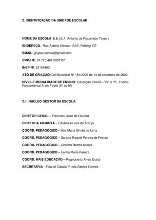 2. IDENTIFICAÇÃO DA UNIDADE ESCOLAR

NOME DA ESCOLA: E.E.I.E.F. Antonio de Figueiredo Taveira
ENDEREÇO.: Rua Almino Alencar, S/Nº, Potengi-CE
EMAIL: grupao.taveira@gmail.com
CNPJ Nº: 01.775.461/0001-07
INEP Nº: 23154462
ATO DE CRIAÇÃO: Lei Municipal Nº 181/2000 de 14 de setembro de 2000
NÍVEL E MODALIDADE DE ENSINO: Educação Infantil – “IV” e “V”, Ensino
Fundamental Anos Finais (6º ao 9º)

2.1. NÚCLEO GESTOR DA ESCOLA:

DIRETOR GERAL – Francisco José de Oliveira
DIRETORA ADJUNTA – Edilânia Nunes de Araújo
COORD. PEDAGÓGICO – Aíla Maria Simão de Lima
COORD. PEDAGÓGICO – Sandra Raquel Pereira de Freitas
COORD. PEDAGÓGICO – Ocelma Bastos Nunes
COORD. PEDAGÓGICO – Lenira Maria Pereira
COORD. MAIS EDUCAÇÃO – Regnoberto Alves Costa
SECRETÁRIA – Rita de Cássia P. dos Santos Gomes

 