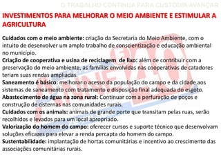O TRABALHO CONTINUA PARA CUSTÓDIA AVANÇAR
INVESTIMENTOS PARA MELHORAR O MEIO AMBIENTE E ESTIMULAR A
AGRICULTURA
Cuidados com o meio ambiente: criação da Secretaria do Meio Ambiente, com o
intuito de desenvolver um amplo trabalho de conscientização e educação ambiental
no município.
Criação de cooperativa e usina de reciclagem de lixo: além de contribuir com a
preservação do meio ambiente, as famílias envolvidas nas cooperativas de catadores
teriam suas rendas ampliadas.
Saneamento é básico: melhorar o acesso da população do campo e da cidade aos
sistemas de saneamento com tratamento e disposição final adequada do esgoto.
Abastecimento de água na zona rural: Continuar com a perfuração de poços e
construção de cisternas nas comunidades rurais.
Cuidados com os animais: animais de grande porte que transitam pelas ruas, serão
recolhidos e levados para um local apropriado.
Valorização do homem do campo: oferecer cursos e suporte técnico que desenvolvam
soluções eficazes para elevar a renda percapta do homem do campo.
Sustentabilidade: implantação de hortas comunitárias e incentivo ao crescimento das
associações comunitárias rurais.
 