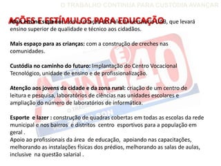 O TRABALHO CONTINUA PARA CUSTÓDIA AVANÇAR

AÇÕES Esuperior: com a criação do Polo Universitário UAB, que levará
Mais ensino ESTÍMULOS PARA EDUCAÇÃO
ensino superior de qualidade e técnico aos cidadãos.

Mais espaço para as crianças: com a construção de creches nas
comunidades.

Custódia no caminho do futuro: Implantação do Centro Vocacional
Tecnológico, unidade de ensino e de profissionalização.

Atenção aos jovens da cidade e da zona rural: criação de um centro de
leitura e pesquisa, laboratórios de ciências nas unidades escolares e
ampliação do número de laboratórios de informática.

Esporte e lazer : construção de quadras cobertas em todas as escolas da rede
municipal e nos bairros e distritos centro esportivos para a população em
geral .
Apoio ao profissionais da área de educação, apoiando nas capacitações,
melhorando as instalações físicas dos prédios, melhorando as salas de aulas,
inclusive na questão salarial .
 