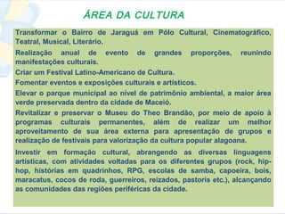 ÁREA DA CULTURA
Transformar o Bairro de Jaraguá em Pólo Cultural, Cinematográfico,
Teatral, Musical, Literário.
Realização anual de evento de grandes proporções, reunindo
manifestações culturais.
Criar um Festival Latino-Americano de Cultura.
Fomentar eventos e exposições culturais e artísticos.
Elevar o parque municipal ao nível de patrimônio ambiental, a maior área
verde preservada dentro da cidade de Maceió.
Revitalizar e preservar o Museu do Theo Brandão, por meio de apoio à
programas culturais permanentes, além de realizar um melhor
aproveitamento de sua área externa para apresentação de grupos e
realização de festivais para valorização da cultura popular alagoana.
Investir em formação cultural, abrangendo as diversas linguagens
artísticas, com atividades voltadas para os diferentes grupos (rock, hip-
hop, histórias em quadrinhos, RPG, escolas de samba, capoeira, bois,
maracatus, cocos de roda, guerreiros, reizados, pastoris etc.), alcançando
as comunidades das regiões periféricas da cidade.
 