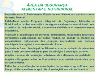 ÁREA DA SEGURANÇA
             ALIMENTAR E NUTRICIONAL
Implantar mais 2 Restaurantes Populares em Maceió, em parceria com o
Governo Federal.
Estabelecer amplo Programa Integrado de Segurança Alimentar e
Nutricional, articulando a política de segurança alimentar e nutricional com
a política de inclusão social, a economia solidária e o desenvolvimento
econômico.
Viabilizar a implantação de merenda diferenciada, respeitando restrições
alimentares estabelecidas por ordem médica, no sentido de atender as
necessidades nutricionais das crianças matriculadas nas escolas
municipais das regiões mais carentes da cidade.
Implantar o Banco Municipal de Alimentos, com a captação de alimentos
junto à rede de comercialização para distribuição à população carente.
Ampliar o acesso da população de baixa renda a alimentos de qualidade.
Ampliar o Programa de Hortas Comunitárias, com assistência técnica para
as comunidades.
Estimular a constituição de associações de pequenos agricultores, com
fins produtivos, e oferecer apoio técnico e logístico aos investimentos.
 