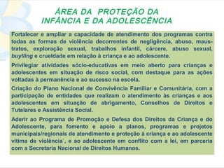 ÁREA DA PROTEÇÃO DA
          INFÂNCIA E DA ADOLESCÊNCIA
Fortalecer e ampliar a capacidade de atendimento dos programas contra
todas as formas de violência decorrentes de negligência, abuso, maus-
tratos, exploração sexual, trabalhos infantil, cárcere, abuso sexual,
buylling e crueldade em relação à criança e ao adolescente.
Privilegiar atividades sócio-educativas em meio aberto para crianças e
adolescentes em situação de risco social, com destaque para as ações
voltadas à permanência e ao sucesso na escola.
Criação do Plano Nacional de Convivência Familiar e Comunitária, com a
participação de entidades que realizam o atendimento às crianças e aos
adolescentes em situação de abrigamento, Conselhos de Direitos e
Tutelares e Assistência Social.
Aderir ao Programa de Promoção e Defesa dos Direitos da Criança e do
Adolescente, para fomento e apoio a planos, programas e projetos
municipais/regionais de atendimento e proteção à criança e ao adolescente
vítima de violência`, e ao adolescente em conflito com a lei, em parceria
com a Secretaria Nacional de Direitos Humanos.
 