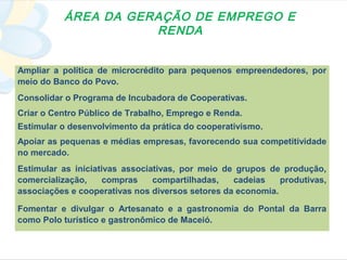 ÁREA DA GERAÇÃO DE EMPREGO E
                     RENDA


Ampliar a política de microcrédito para pequenos empreendedores, por
meio do Banco do Povo.
Consolidar o Programa de Incubadora de Cooperativas.
Criar o Centro Público de Trabalho, Emprego e Renda.
Estimular o desenvolvimento da prática do cooperativismo.
Apoiar as pequenas e médias empresas, favorecendo sua competitividade
no mercado.
Estimular as iniciativas associativas, por meio de grupos de produção,
comercialização,     compras    compartilhadas,   cadeias    produtivas,
associações e cooperativas nos diversos setores da economia.

Fomentar e divulgar o Artesanato e a gastronomia do Pontal da Barra
como Polo turístico e gastronômico de Maceió.
 