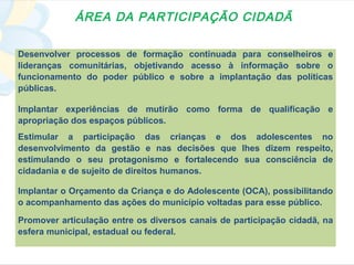 ÁREA DA PARTICIPAÇÃO CIDADÃ

Desenvolver processos de formação continuada para conselheiros e
lideranças comunitárias, objetivando acesso à informação sobre o
funcionamento do poder público e sobre a implantação das políticas
públicas.

Implantar experiências de mutirão como forma de qualificação e
apropriação dos espaços públicos.
Estimular a participação das crianças e dos adolescentes no
desenvolvimento da gestão e nas decisões que lhes dizem respeito,
estimulando o seu protagonismo e fortalecendo sua consciência de
cidadania e de sujeito de direitos humanos.

Implantar o Orçamento da Criança e do Adolescente (OCA), possibilitando
o acompanhamento das ações do município voltadas para esse público.

Promover articulação entre os diversos canais de participação cidadã, na
esfera municipal, estadual ou federal.
 