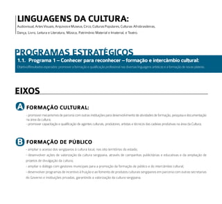 liNGuaGeNS da Cultura:
Audiovisual, Artes Visuais, Arquivos e Museus, Circo, Culturas Populares, Culturas Afrobrasileiras,
Dança, Livro, Leitura e Literatura, Música, Patrimônio Material e Imaterial, e Teatro.




ProGramaS eStratÉGiCoS
1.1. Programa 1 – Conhecer para reconhecer – formação e intercâmbio cultural:
Objetivo/Resultados esperados: promover a formação e qualificação profissional nas diversas linguagens artísticas e a formação de novas plateias.




eiXoS
a      Formação Cultural:
       - promover mecanismos de parceria com outras instituições para desenvolvimento de atividades de formação, pesquisa e documentação
       na área da cultura;
       - promover capacitação e qualificação de agentes culturais, produtores, artistas e técnicos das cadeias produtivas na área da Cultura;




b      Formação de PúbliCo
      - ampliar o acesso dos sergipanos à cultura local, nos oito territórios do estado;
      - desenvolver ações de valorização da cultura sergipana, através de campanhas publicitárias e educativas e da ampliação de
      projetos de divulgação da cultura;
      - ampliar o diálogo com gestores municipais para a promoção da formação de público e do intercâmbio cultural;
      - desenvolver programas de incentivo à fruição e ao fomento de produtos culturais sergipanos em parceria com outras secretarias
      do Governo e instituições privadas, garantindo a valorização da cultura sergipana.
 