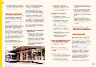 21 
e. Ampliar a captação, tratamento e 
racionalização do uso e destinação 
da água no Distrito Estadual de 
Fernando de Noronha. 
MOBILIDADE URBANA 
A mobilidade urbana é hoje um dos 
requisitos para a qualidade de vida 
da população e importante condição 
para o desenvolvimento sustentável da 
economia. 
Nesse sentido, o Governo do Estado 
vem priorizando ações para a melhoria 
da qualidade do Sistema de Transporte 
Público de Passageiros da Região 
Metropolitana do Recife, através da 
modernização e expansão do Sistema 
Estrutural Integrado de Ônibus e Metrô 
- SEI, com a construção de terminais 
de integração e a implementação das 
linhas de Transporte Rápido por Ônibus 
– BRT, estando em operação a primeira 
etapa dos Corredores Norte-Sul e 
Leste-Oeste. 
Outra iniciativa importante que 
precisa ser ampliada pelos municípios 
com apoio do Governo Estadual, 
vem sendo implantada através das 
faixas exclusivas para o transporte 
coletivo que possibilitaram aumentar 
a velocidade média dos ônibus, 
reduzindo o tempo de deslocamento. 
Concomitantemente, encontra-se 
em fase de implantação o Corredor 
Fluvial do rio Capibaribe e em fase de 
expansão a malha cicloviária do Recife. 
Ciente de que o transporte público 
de qualidade é um direito de todos, a 
Frente Popular de Pernambuco propõe 
a ampliação e modernização da oferta 
desse serviço, que permitirá o acesso 
dos cidadãos ao trabalho, aos serviços 
públicos e aos espaços de lazer, com 
maior conforto, segurança, rapidez e 
menor custo, a partir da consolidação 
das seguintes ações: 
1. Racionalizar a Rede de Transporte 
Público Urbano 
a. Realizar estudo para redefinir as 
linhas de ônibus e BRTs, horários 
e possibilidades de integração 
temporal (fora dos terminais); 
b. Implantar tecnologias avançadas 
no planejamento e gestão da Rede 
de Transporte Público Urbano, 
como controle automatizado, vídeo 
monitoramento e fiscalização, 
dentre outras; 
c. Modernizar os terminais 
integrados, tornando-os mais 
confortáveis e eficientes, a partir 
do uso de tecnologias avançadas e 
novo modelo de gestão. 
2. Implantar novos corredores 
exclusivos 
a. Corredor de BRT ou VLT na 
Avenida Norte, em parceria com a 
Prefeitura do Recife; 
b. Corredor de BRT na BR 101 (do 
Terminal Integrado de Igarassu 
ao Terminal Integrado de Cajueiro 
Seco); 
c. Concluir o Corredor Leste – 
Oeste (do Terminal Integrado de 
Camaragibe à Av. Caxangá); 
d. Realizar estudos para implantação 
dos Corredores: 
• Avenida Recife (trecho - BR 101/ 
Viaduto Tancredo Neves); 
• Avenida Domingos Ferreira 
(Centro/Boa Viagem). 
3. Implantar o Bilhete Único com Tarifa 
Única, beneficiando os usuários 
de transporte público da Região 
Metropolitana do Recife 
4. Implantar o Passe Livre para 
estudantes da Rede Estadual de 
Ensino 
5. Ampliar e integrar os modais 
a. Articular junto ao Governo Federal 
a ampliação da rede ferroviária e 
metroviária de Pernambuco; 
b. Apoiar a implantação de redes 
cicloviárias, a partir das diretrizes 
estabelecidas no Plano Diretor 
Cicloviário da Região Metropolitana 
do Recife; 
c. Concluir a implantação do Projeto 
Rios da Gente, que possibilitará a 
utilização de embarcações para 
o transporte de passageiros com 
transbordo em estações integradas 
ao SEI; 
d. Promover a integração entre 
diferentes modais de transporte 
público, como metrô, trem, ônibus 
e embarcação, articulando-os com 
meios não motorizados, como o 
cicloviário. 
6. Apoiar os municípios de médio e 
grande porte na elaboração de 
plano diretor de mobilidade urbana 
HABITABILIDADE 
Nos últimos oito anos o Governo de 
Pernambuco atuou de forma incisiva 
para reduzir o déficit e a inadequação 
habitacional, promovendo a construção 
e entrega de 16 mil Unidades 
Habitacionais - UH e a urbanização de 
diversas áreas, elevando as condições 
de moradia. 
Entre as intervenções voltadas 
para a requalificação urbana, foram 
construídas 121 (cento e vinte e uma) 
Academias da Cidade, propiciando 
espaços para o convívio social e 
a prática de atividades esportivas 
em todas as regiões do Estado. Foi 
também entregue à população do 
Recife o Parque da Macaxeira, o 
maior parque urbano do Estado, com 
aproximadamente 10 (dez) hectares. 
 