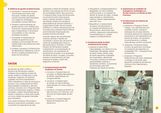 13 
8. Melhoria da gestão da Rede Escolar 
a. Aumentar o número de escolas 
monitoradas pelo Pacto pela 
Educação, modelo de gestão 
escolar orientado para resultados, 
com objetivos, estratégias, 
prioridades e prazos definidos; 
b. Ampliar a democratização da 
gestão escolar, com medidas que 
incentivem a participação ativa de 
pais e responsáveis, e da própria 
comunidade, no dia a dia das 
atividades escolares; 
c. Consolidar a implantação do 
modelo de governança que 
assegure a estruturação de uma 
equipe básica de profissionais para 
cada escola; 
d. Ampliar e atualizar a infraestrutura 
de laboratórios, bibliotecas, acervo 
técnico, quadras poliesportivas e 
áreas de convivência. 
SAÚDE 
No período de 2007 a 2014, o 
Governo de Pernambuco adotou 
medidas estruturadoras na área de 
saúde. Ampliou e modernizou a rede 
hospitalar, implantou 14 (catorze) 
Unidades de Pronto Atendimento – 
UPAs; requalificou a rede de consultas e 
exames, com a implantação de UPAs- 
Especialidades; fortaleceu a atenção 
primária, inclusive com o Programa Mãe 
Coruja Pernambucana; ampliou o SAMU; 
recompôs o efetivo de profissionais de 
saúde; e implantou o Pacto pela Saúde, 
um novo modelo de gestão orientado 
para resultados. 
Com essas iniciativas, Pernambuco 
alcançou importantes resultados, como 
o aumento da expectativa de vida, 
superando a média do Nordeste. Houve 
também uma redução de 47,5% na taxa 
de mortalidade infantil, fato que levou 
o Programa Mãe Coruja Pernambucana 
ao reconhecimento internacional, 
tendo o Estado recebido o Prêmio 
das Nações Unidas em excelência 
pelas práticas de serviços públicos, o 
United Nation Public Service Awards 
(UNPSA), e o Prêmio Interamericano da 
Inovação para a Gestão Pública Efetiva, 
promovido pela Organização dos 
Estados Americanos (OEA). 
Contudo, apesar dos reconhecidos 
avanços, persiste o desafio de 
concretizar o acesso aos serviços de 
saúde de qualidade para todos os 
pernambucanos. Portanto, a Frente 
Popular de Pernambuco propõe 
investimentos na humanização do 
atendimento, na contratação de 
profissionais da saúde, e na ampliação 
da oferta de leitos, cirurgias, consultas, 
exames e medicamentos da rede 
estadual de saúde, a partir das 
seguintes iniciativas: 
1. Complementação da Rede 
Hospitalar do Estado 
a. Construir o Hospital Geral de 
Cirurgias, na Região Metropolitana 
do Recife, especializado em 
cirurgias eletivas; 
b. Construir o Hospital Geral 
do Sertão, em Serra Talhada, 
especializado em clínica médica e 
cirurgia; 
c. Construir o Hospital da Mulher do 
São Francisco, em Petrolina, com 
serviços de maternidade de alto 
risco; 
d. Construir o Hospital Regional 
Mestre Dominguinhos, em 
Garanhuns; 
e. Requalificar o Hospital Agamenon 
Magalhães, em Serra Talhada, 
transformando-o no Hospital da 
Mulher do Sertão do Pajeú, unidade 
especializada no atendimento 
materno-infantil, especialmente 
para alto risco; 
f. Requalificar o Hospital Geral 
de Areias, transformando-o 
no Hospital de Referência da 
Pessoa Idosa, oferecendo mais 
conforto, segurança e atendimento 
humanizado para o cuidado 
integral e multiprofissional. 
2. Complementação da Rede 
Ambulatorial do Estado 
• Implantar 6 (seis) UPAs 
Especialidades, em Santa Cruz do 
Capibaribe, Petrolândia, Vitória 
de Santo Antão, Olinda, Cabo 
de Santo Agostinho e Jaboatão 
dos Guararapes, oferecendo 
consultas e exames em diversas 
especialidades médicas e 
atendendo, também, os pacientes 
encaminhados pelo PSF – 
Programa de Saúde da Família. 
3. Implantação de Unidades de 
Emergência Cardiológica no 
Sertão Central e no Sertão do São 
Francisco 
4. Fortalecimento do Sistema de 
Atendimento 
a. Implantar o Programa Doutor 
Chegou, com atendimentos em 
unidades móveis, voltados à 
realização de cirurgias eletivas, 
consultas diversas, em especial as 
preventivas e de rastreamento do 
câncer de mama, com posterior 
encaminhamento a unidade 
especializada, quando necessário; 
b. Implantar o Programa Saúde 
Conduz, de apoio aos municípios 
no transporte de pacientes na 
modalidade TFD – Transporte Fora 
do Domicílio; 
c. Implantar o Programa 
Medicamento em Casa, ampliando 
a entrega no domicílio, para 
pacientes portadores de doenças 
crônicas como hipertensão e 
diabetes; 
 