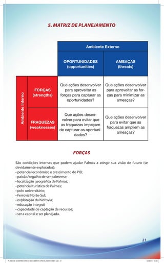5. MATRIZ DE PLANEJAMENTO




                                                              FORÇAS

        São condições internas que podem ajudar Palmas a atingir sua visão de futuro (se
        devidamente exploradas):
        • potencial econômico e crescimento do PIB;
        • paixão/orgulho de ser palmense;
        • localização geográfica de Palmas;
        • potencial turístico de Palmas;
        • polo universitário;
        • Ferrovia Norte-Sul;
        • exploração da hidrovia;
        • educação integral;
        • capacidade de captação de recursos;
        • ser a capital e ser planejada.




                                                                                    21




PLANO DE GOVERNO OFICIO DOCUMENTO OFICIAL NOVO OKEY.indd 21                              24/08/12 10:35
 