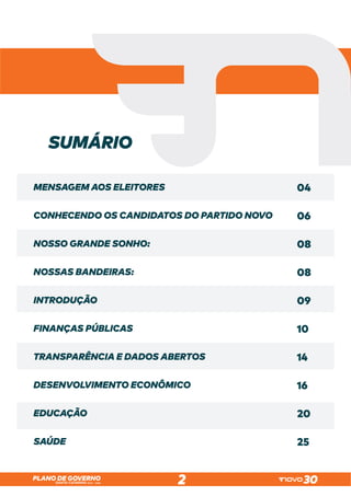 SANTA CATARINA 2023 – 2026
PLANO DE GOVERNO
2
SUMÁRIO
MENSAGEM AOS ELEITORES
CONHECENDO OS CANDIDATOS DO PARTIDO NOVO
NOSSO GRANDE SONHO:
NOSSAS BANDEIRAS:
INTRODUÇÃO
FINANÇAS PÚBLICAS
TRANSPARÊNCIA E DADOS ABERTOS
DESENVOLVIMENTO ECONÔMICO
EDUCAÇÃO
SAÚDE
04
06
08
08
09
10
14
16
20
25
 
