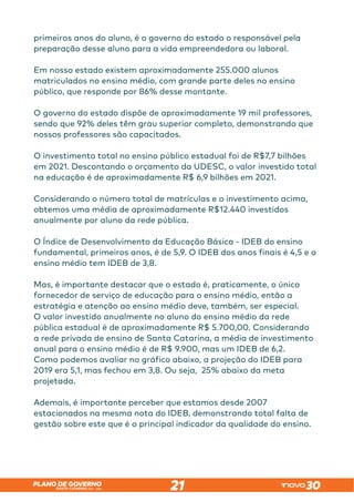 SANTA CATARINA 2023 – 2026
PLANO DE GOVERNO
21
primeiros anos do aluno, é o governo do estado o responsável pela
preparação desse aluno para a vida empreendedora ou laboral.
Em nosso estado existem aproximadamente 255.000 alunos
matriculados no ensino médio, com grande parte deles no ensino
público, que responde por 86% desse montante.
O governo do estado dispõe de aproximadamente 19 mil professores,
sendo que 92% deles têm grau superior completo, demonstrando que
nossos professores são capacitados.
O investimento total no ensino público estadual foi de R$7,7 bilhões
em 2021. Descontando o orçamento da UDESC, o valor investido total
na educação é de aproximadamente R$ 6,9 bilhões em 2021.
Considerando o número total de matrículas e o investimento acima,
obtemos uma média de aproximadamente R$12.440 investidos
anualmente por aluno da rede pública.
O Índice de Desenvolvimento da Educação Básica - IDEB do ensino
fundamental, primeiros anos, é de 5,9. O IDEB dos anos finais é 4,5 e o
ensino médio tem IDEB de 3,8.
Mas, é importante destacar que o estado é, praticamente, o único
fornecedor de serviço de educação para o ensino médio, então a
estratégia e atenção ao ensino médio deve, também, ser especial.
O valor investido anualmente no aluno do ensino médio da rede
pública estadual é de aproximadamente R$ 5.700,00. Considerando
a rede privada de ensino de Santa Catarina, a média de investimento
anual para o ensino médio é de R$ 9.900, mas um IDEB de 6,2.
Como podemos avaliar no gráfico abaixo, a projeção do IDEB para
2019 era 5,1, mas fechou em 3,8. Ou seja, 25% abaixo da meta
projetada.
Ademais, é importante perceber que estamos desde 2007
estacionados na mesma nota do IDEB, demonstrando total falta de
gestão sobre este que é o principal indicador da qualidade do ensino.
 