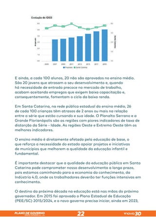 SANTA CATARINA 2023 – 2026
PLANO DE GOVERNO
22
E ainda, a cada 100 alunos, 20 não são aprovados no ensino médio.
São 20 jovens que atrasam o seu desenvolvimento e, quando
há necessidade de entrada precoce no mercado de trabalho,
acabam aceitando empregos que exigem baixa capacitação e,
consequentemente, fomentam o ciclo da baixa renda.
Em Santa Catarina, na rede pública estadual do ensino médio, 26
de cada 100 crianças têm atrasos de 2 anos ou mais na relação
entre a série que estão cursando e sua idade. O Planalto Serrano e a
Grande Florianópolis são as regiões com piores indicadores de taxa de
distorção da Série - Idade. As regiões Oeste e Extremo Oeste têm os
melhores indicadores.
O ensino médio é diretamente afetado pela educação de base, o
que reforça a necessidade do estado apoiar projetos e iniciativas
de municípios que melhorem a qualidade da educação infantil e
fundamental.
É importante destacar que a qualidade da educação pública em Santa
Catarina pode comprometer nosso desenvolvimento a longo prazo,
pois estamos caminhando para a economia do conhecimento, da
Indústria 4.0, onde os trabalhadores deverão ter funções intensivas em
conhecimento.
O destino da próxima década na educação está nas mãos do próximo
governador. Em 2015 foi aprovado o Plano Estadual de Educação
(PEE/SC) 2015/2024, e o novo governo precisa iniciar, ainda em 2023,
 