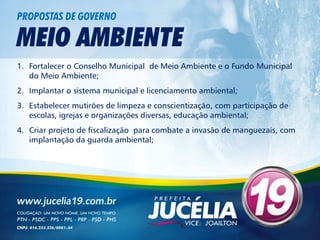 PROPOSTAS DE GOVERNO

MEIO AMBIENTE
1. Fortalecer o Conselho Municipal de Meio Ambiente e o Fundo Municipal
   do Meio Ambiente;
2. Implantar o sistema municipal e licenciamento ambiental;
3. Estabelecer mutirões de limpeza e conscientização, com participação de
   escolas, igrejas e organizações diversas, educação ambiental;
4. Criar projeto de fiscalização para combate a invasão de manguezais, com
   implantação da guarda ambiental;
 
