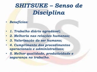 SHITSUKE – Senso de
Disciplina
• Benefícios:
• 1. Trabalho diário agradável;
• 2. Melhoria nas relações humanas;
• 3. Valorização do ser humano;
• 4. Cumprimento dos procedimentos
operacionais e administrativos;
• 5. Melhor qualidade, produtividade e
segurança no trabalho.
 