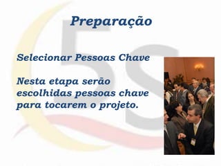 Selecionar Pessoas Chave
Nesta etapa serão
escolhidas pessoas chave
para tocarem o projeto.
Preparação
 