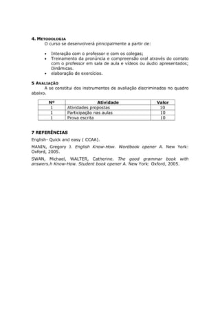 4. METODOLOGIA 
O curso se desenvolverá principalmente a partir de: 
 Interação com o professor e com os colegas; 
 Treinamento da pronúncia e compreensão oral através do contato 
com o professor em sala de aula e vídeos ou áudio apresentados; 
Dinâmicas. 
 elaboração de exercícios. 
5 AVALIAÇÃO 
A se constitui dos instrumentos de avaliação discriminados no quadro 
abaixo. 
Nº Atividade Valor 
1 Atividades propostas 10 
1 Participação nas aulas 10 
1 Prova escrita 10 
7 REFERÊNCIAS 
English- Quick and easy ( CCAA). 
MANIN, Gregory J. English Know-How. Wordbook opener A. New York: 
Oxford, 2005. 
SWAN, Michael, WALTER, Catherine. The good grammar book with 
answers.h Know-How. Student book opener A. New York: Oxford, 2005. 
