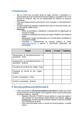 I. Pontos Focais
 São no mínimo três os pontos focais do órgão, incluindo: o presidente e o
representante de TI do Comitê de Governança Digital ou equivalente (Art. 9º do
Decreto Nº 8.638/16), além de um representante da ouvidoria ou estrutura
equivalente.
 Para cada indicado deverá ser fornecido o nome completo, e-mail institucional e
telefone.
 Também deverão ser indicados suplentes para cada um dos pontos focais, com
as informações citadas acima.
 Atribuições:
o Definir as prioridades e estabelecer o planejamento da digitalização de
serviços do órgão;
o Coordenar a integração dos serviços do órgão à Plataforma de Cidadania
Digital;
o Representar o órgão nas interações com o Comitê Gestor da Plataforma
de Cidadania Digital;
o Coordenar o cadastramento de serviços públicos no portal
www.servicos.gov.br e garantir a permanente atualização das
informações.
Papel Nome E-mail Telefone
Representante da Secretaria-Executiva ou
equivalente - Titular
Representante da Secretaria-Executiva ou
equivalente - Suplente
Presidente do Comitê de Gov. Digital - Titular
Presidente do Comitê de Gov. Digital -
Suplente
Ouvidor ou equivalente - Titular
Ouvidor ou equivalente - Suplente
II. Serviços públicos prioritários (top 3)
 Listar nesta seção os três serviços públicos prioritários do órgão para serem
transformados em serviços digitais (comosugestão, utilizar o guia de priorização
de serviços públicos - Anexo II);
o Segundo o Decreto nº 8.936/16, serviço público é a ação dos órgãos e
das entidades da administração pública federal para atender, direta ou
indiretamente, às demandas da sociedade relativas a exercício de direito
ou a cumprimento de dever.
o Para mais informações sobre o conceito de serviços públicos, consultar
Anexo I.
 