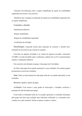 -Enumerar três diferenças entre o regime simplificado de regime de contabilidade
organizada com recurso a um exercício;
-Identificar duas vantagens na aplicação do regime de contabilidade organizada face
ao regime simplificado.
Conteúdos a abordar:
-Rendimento tributável;
-Regime simplificado;
-Regime de contabilidade organizada;
-Coeficientes de atividade;
Metodologias: Exposição teórica para exposição de conceitos e método ativo:
resolução de um exercício que consiste no seguinte:
Com base em algumas atividades e no volume de negócios (exemplo: restaurante,
125.000€ v.n) terão de definir qual o coeficiente a aplicar (0,2 ou 0,7) e posteriormente
calcular o rendimento tributável.
Este exercício será efetuado em grupo. Cada grupo terá 9 atividades;
No final, cada grupo irá ao quadro apresentar os seus resultados. Os restantes grupos
pronunciam-se acerca dos resultados.
Nota: Todos os intervenientes de cada grupo terão de ir ao quadro apresentar os seus
resultados.
Recursos: Quadro, suporte de papel.
Avaliação: Com recurso a uma grelha de observação, o formador verificará a
prestação de cada formando para grupo.
Como todos os formandos terão de ir ao quadro apresentar os resultados alcançados
pelo grupo será feita uma avaliação mais individual verificando se o formando está à
vontade ou se, pelo contrário, limitou-se apenas a copiar os valores.
 