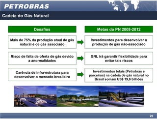 Cadeia do Gás Natural


                 Desafios                        Metas do PN 2008-2012

   Mais de 75% da produção atual de gás      Investimentos para desenvolver a
        natural é de gás associado            produção de gás não-associado


   Risco de falta de oferta de gás devido    GNL irá garantir flexibilidade para
             a anormalidades                         evitar tais riscos


      Carência de infra-estrutura para        Investimentos totais (Petrobras e
     desenvolver o mercado brasileiro       parceiros) na cadeia de gás natural no
                                               Brasil somam US$ 19,6 bilhões




                                                                                     20
 