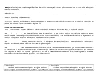 Atenção - Nunca perder de vista a preciosidade dos conhecimentos prévios e da ação simbólica que incidem sobre a bagagem
cultural das crianças.
Público Alvo: ...................................................................................................................................................................
Duração do projeto: Será permanente.
Avaliação: Será feita no decorrer do projeto observando o interesse dos envolvidos nas atividades e eventos e a mudança de
postura dos mesmos frente ao tema reciclagem e lixo.
Outros encaminhamentos
Após a vivência com a sucata e exploração lúdica dos materiais e de novos brinquedos pode-se sugerir às crianças:
Dia ......../........../.......... - Uma apresentação na hora cívica escolar ou em sala de aula de suas criações, tanto dos objetos
confeccionados como das personagens atribuídos e suas respectivas histórias. Aos adultos caberá auxiliar na organização do
evento e acompanhar os relatos das crianças, registrando-os devidamente.
Dia ......../........../.......... - Sempre contar com a palavra e as percepções das crianças buscando o estabelecimento e a manutenção
conjunta de combinações em torno das situações de aprendizagem.
Dia ......../........../.......... - Em momento oportuno, conversar com as crianças sobre os contrastes que incidem sobre os objetos e
no contato com os mesmos, bem como sobre suas percepções, formulações e conclusões acerca das substâncias que compõem
seus corpos e os corpos dos objetos. aproveitar ao máximo as oportunidades naturais que propiciam a exploração de idéias,
regularidades e conceitos evitando, portanto, a sua artificialização.

Senhores pais
Senhores pais
Estamos necessitando com urgência de alguns materiais
Estamos necessitando com urgência de alguns materiais
recicláveis para realizarmos trabalhos de Artes, Jogos e Sucata recicláveis para realizarmos trabalhos de Artes, Jogos e Sucata

 