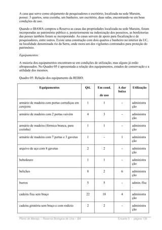 A casa que serve como alojamento de pesquisadores e escritório, localizada na sede Maruim,
possui: 3 quartos, uma cozinha, um banheiro, um escritório, duas salas, encontrando-se em boas
condições de uso.

Quando o IBAMA comprou a Reserva as casas das propriedades localizada na sede Maruim, foram
incorporadas ao patrimônio público e, posteriormente na indenização dos posseiros, as benfeitorias
das posses também foram se incorporando. As casas servem de apoio para fiscalização e de
pesquisadores, entre outros. Existe uma construção com dois quartos e banheiro no interior da UC,
na localidade denominada rio da Serra, onde mora um dos vigilantes contratados para proteção do
patrimônio.

Equipamentos:

A maioria dos equipamentos encontram-se em condições de utilização, mas alguns já estão
ultrapassados. No Quadro 05 é apresentada a relação dos equipamentos, estados de conservação e a
utilidade dos mesmos.

Quadro 05: Relação dos equipamento da REBIO.

                Equipamentos                      Qti.     Em cond.       A dar      Utilização
                                                                          baixa
                                                            de uso

armário de madeira com portas corrediças em        1           1             -       administra
cerejeira                                                                            ção

armário de madeira com 2 portas vaivém             4           3             -       administra
                                                                                     ção

armário de madeira (fórmica branca, para           1           1             -       administra
cozinha)                                                                             ção

armário de madeira com 7 portas e 3 gavetas        1           -             1       administra
                                                                                     ção

arquivo de aço com 8 gavetas                       2           2             -       administra
                                                                                     ção

bebedouro                                          1           1             -       administra
                                                                                     ção

beliches                                           8           2             6       administra
                                                                                     ção

burros                                             5           5             -       admin./fisc
                                                                                     .

cadeira fixa sem braço                            22          18             4       administra
                                                                                     ção

cadeira giratória sem braço e com rodízio          2           2             -       administra
                                                                                     ção

Plano de Manejo – Reserva Biológica de Una – BA                           Encarte 5 - página 139
 